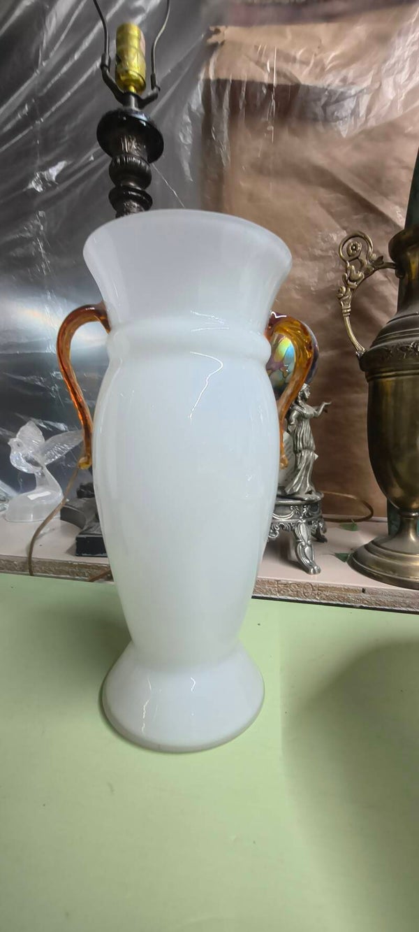 Vintage White Milk Glass Classical Urn Amphora Vase with Amber Handles