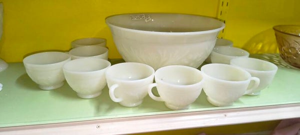 Vintage White Milk Glass Floral Punch Set – 11 Pieces