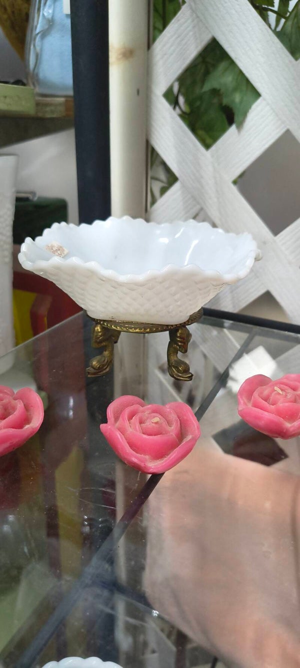 Vintage White Milk Glass Quilted Basketweave Bowl on Ornate Ormolu Brass Base