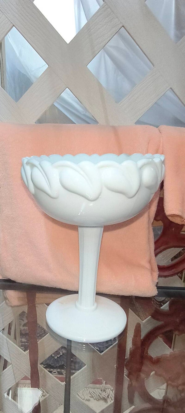 Vintage White Milk Glass Fluted Pedestal Chalice / Tazza with Acanthus Leaf Rim