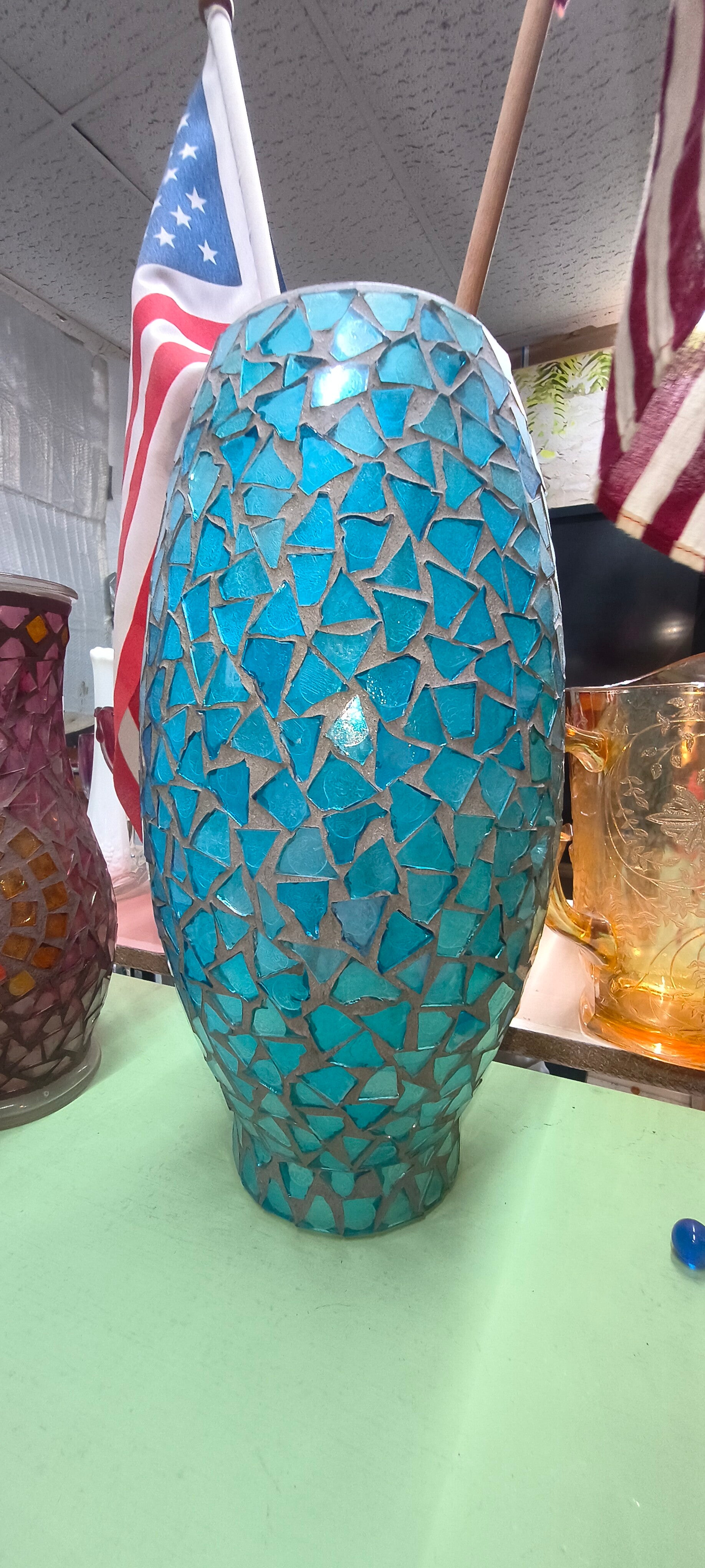 Turquoise Aqua Mosaic Barrel Statement Vase