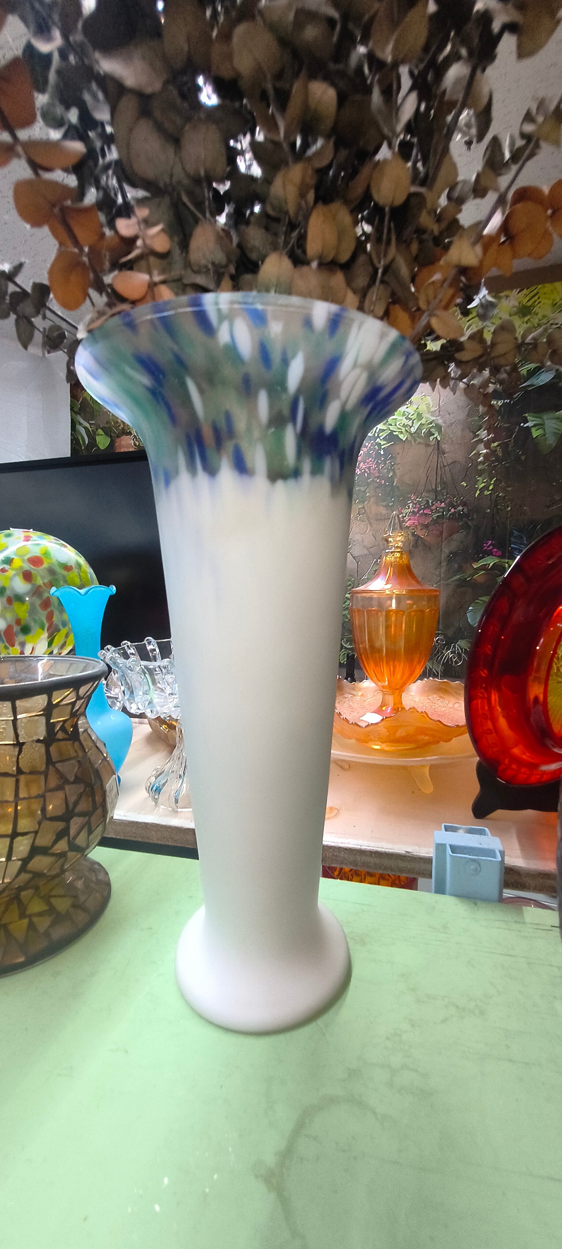 Satin Milk Glass & Spatter Rim Trumpet Swung Vase