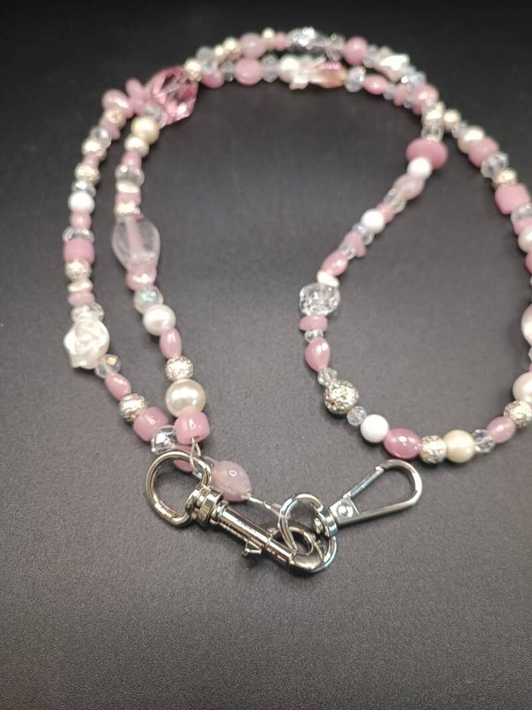 Laisse Rose & Argent en perles & Cristaux