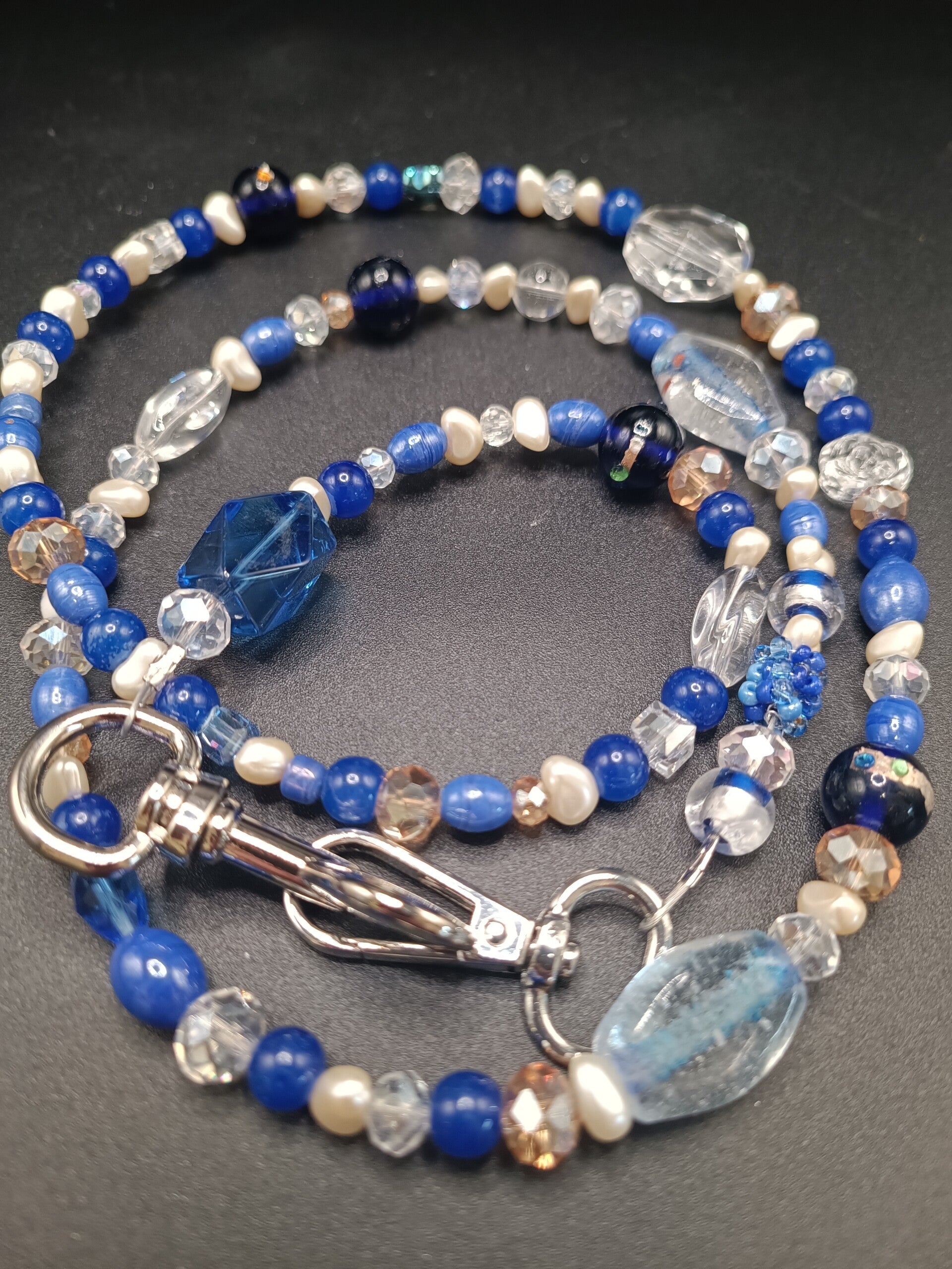 Laisse Bleu & Argent en perles & Cristaux
