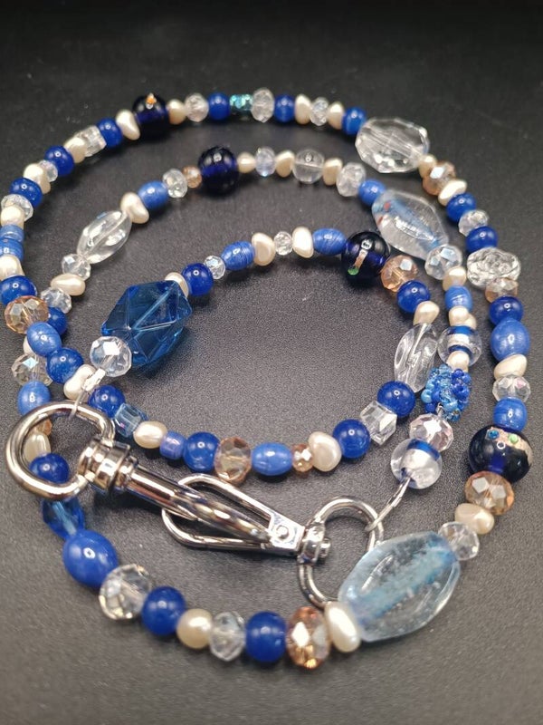 Laisse Bleu & Argent en perles & Cristaux