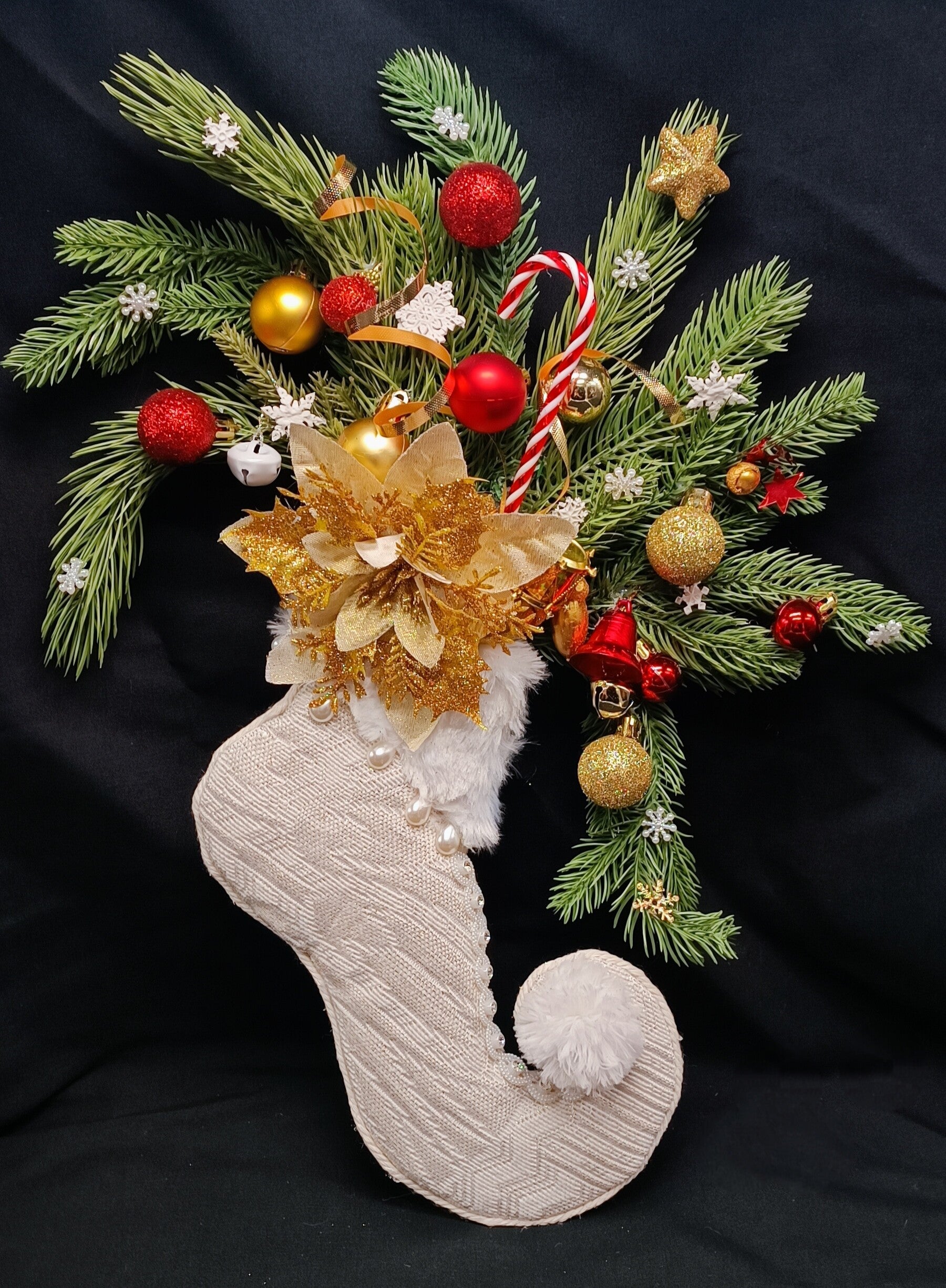 Décoration Chaussures d'elfe  de porte suspendu   de Noël Ivoire  Doré