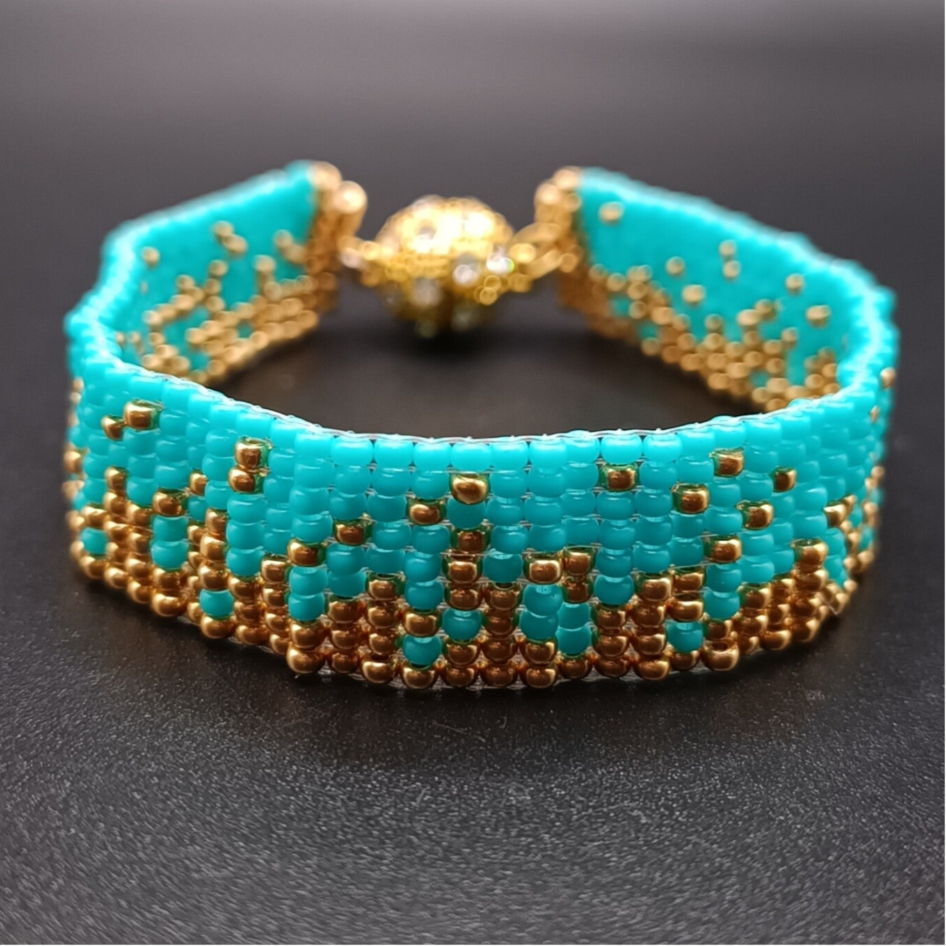 Bracelet manchette tissé en Perles Miyuki Azur et Doré