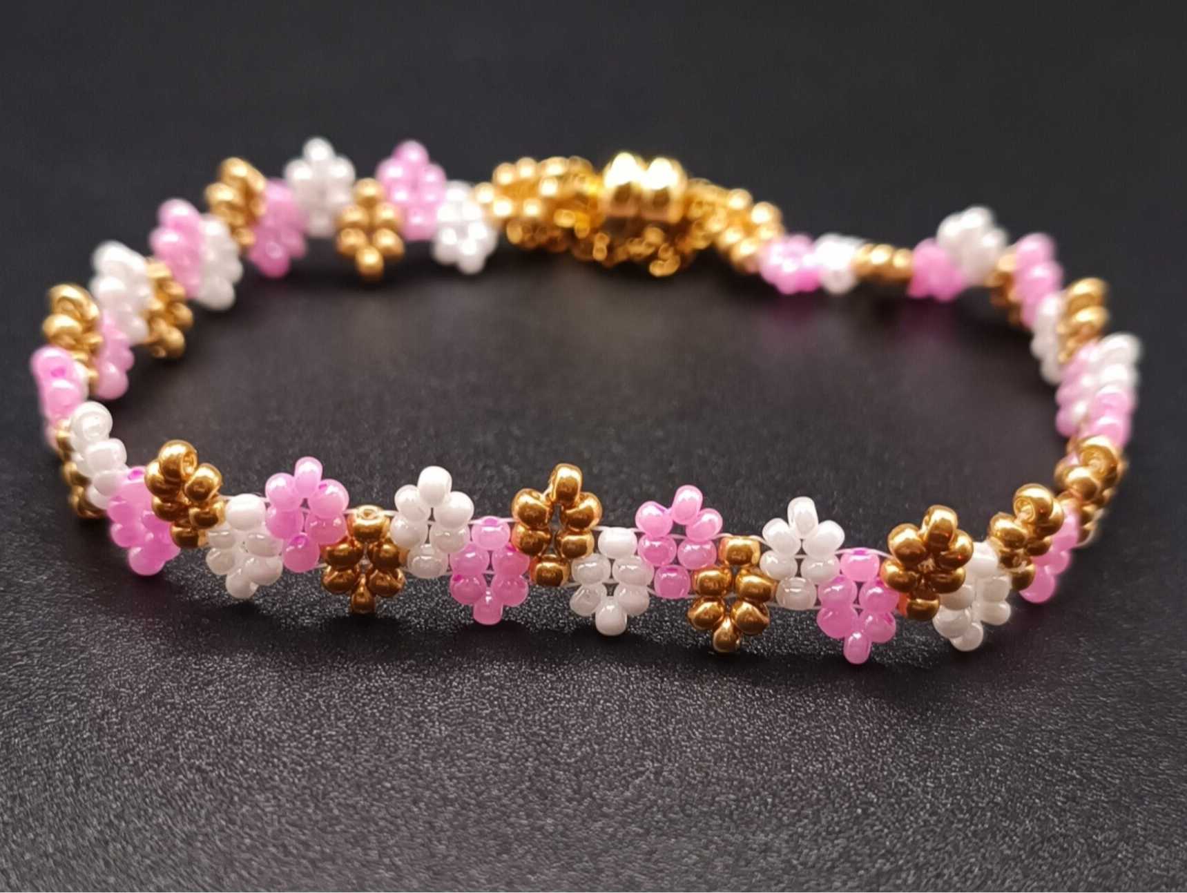 Bracelet manchette tissé en Perles Miyuki Rose Blanc doré