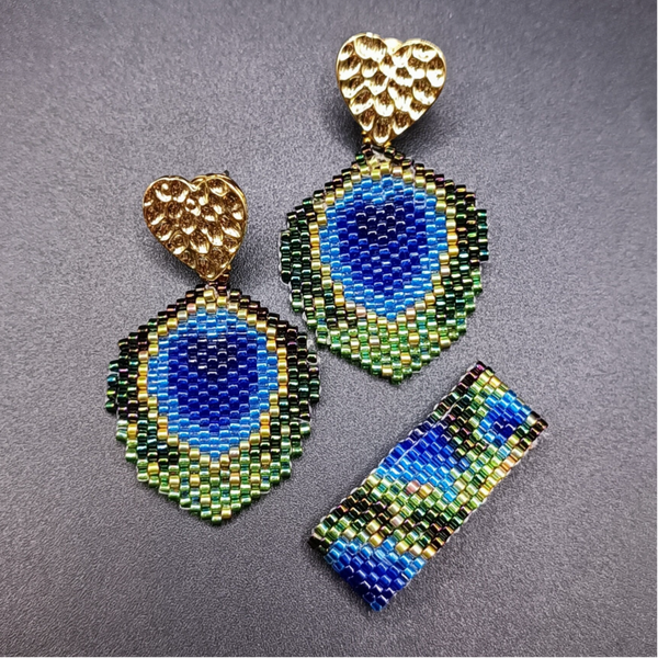 Ensemble de bijoux Tissage Peyote en perles japonaise Miyuki Delika "Plume de Paon"