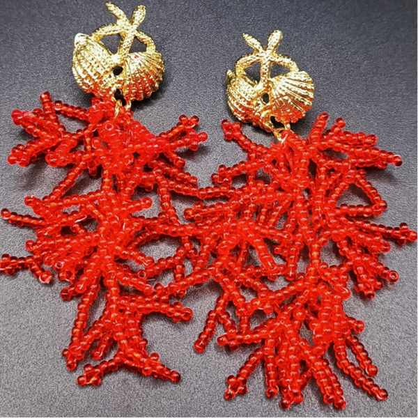 Boucles d'oreilles Clous Rouge et Doré tissées Brick Stitch en Perles Toho