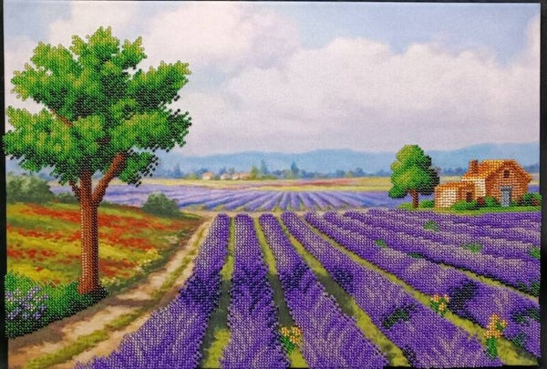 Tableau brodée en perles  "Champs de lavande  en Provence"