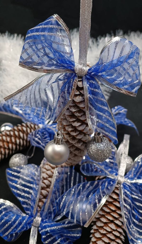 Pommes de pins de Noel Artisanal par pièce Bleu&Argenté