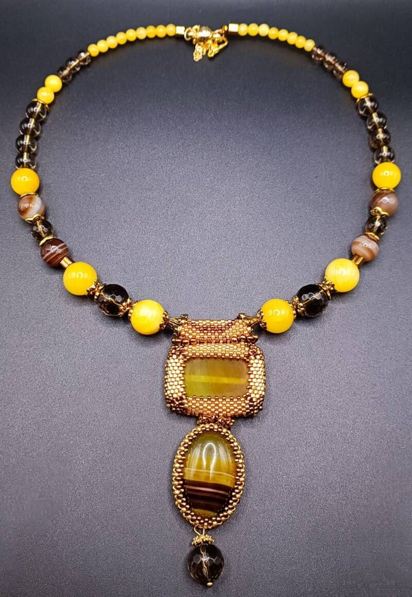 Collier Choker en Agate Jaune Doré ET Quartz Fumé "Desert Sunset"