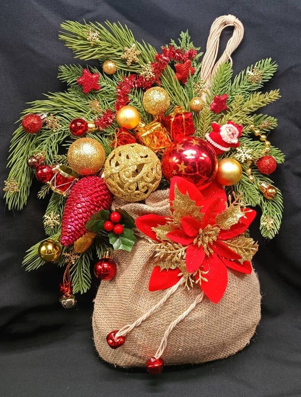 Sac Cadeaux de Noel, décoration de porte suspendu  de Noël Rouge Dore et Vert