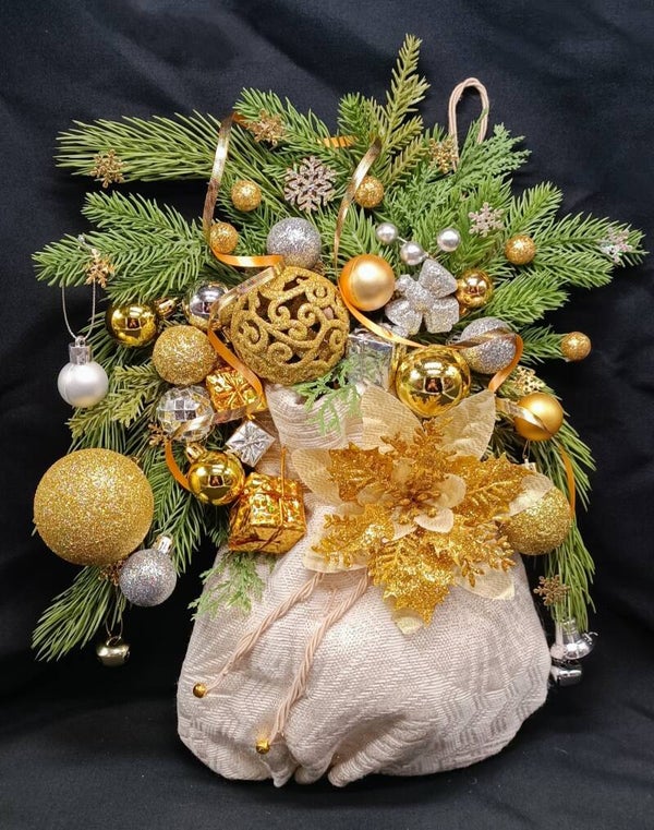 Sac Cadeaux de Noel, décoration de porte suspendu  de Noël Dore et Vert