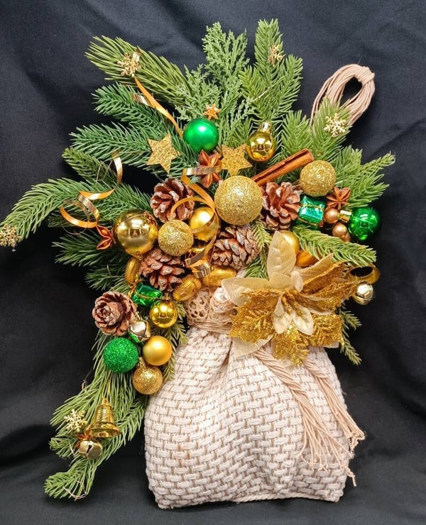 Sac Cadeaux de Noel, décoration de porte suspendu  de Noël Dore et Vert