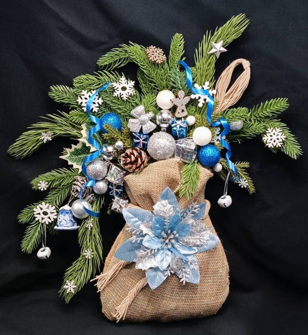 Sac Cadeaux de Noel, décoration de porte suspendu  de Noël  Bleue  Argent et Vert