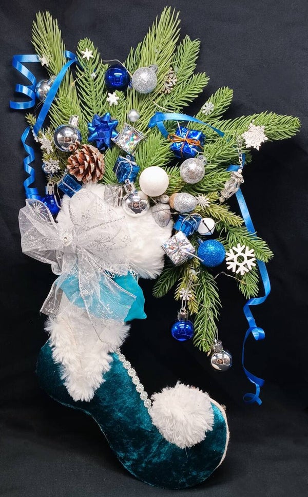 Décoration Chaussures d'elfe  de porte suspendu   de Noël Blue Argent