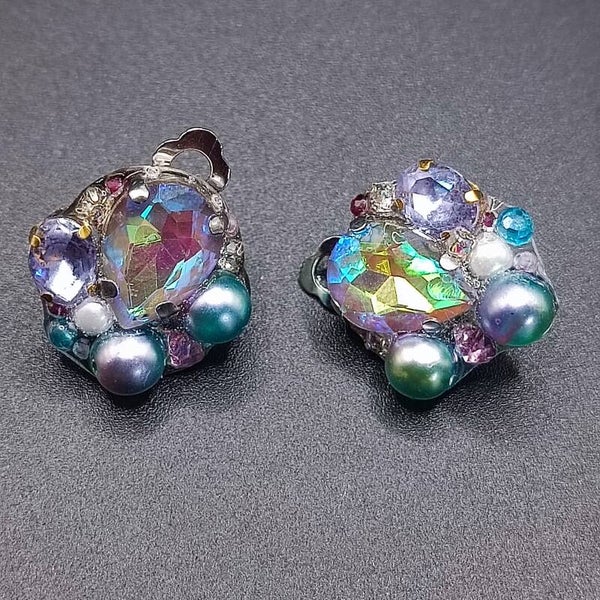 Boucles d'oreilles Clips Freeform en Crystal Electra et Perles