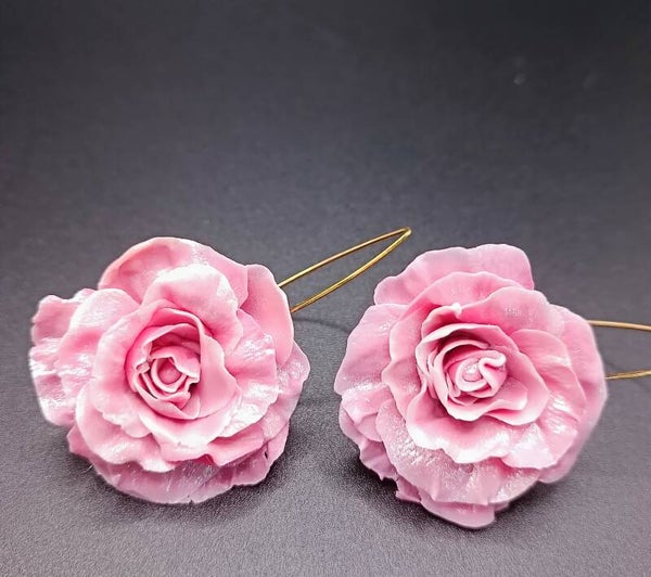 Boucles d'oreilles Crochet Long "Rosier CARMÉLINE" en Cernit - pâte polymère