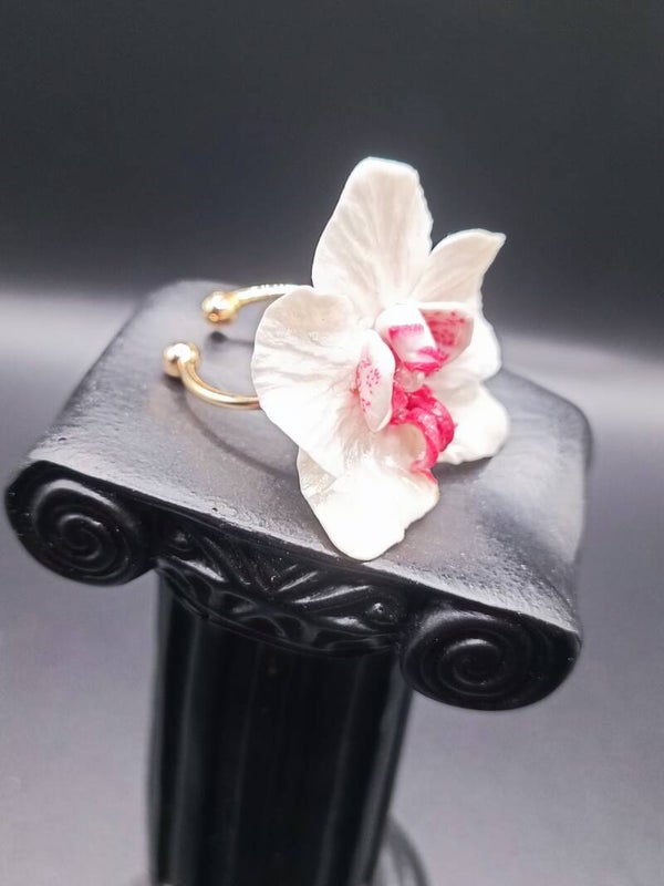 Bague Ajustable "Orchidée Nacrée" en Cernit - pâte polymère