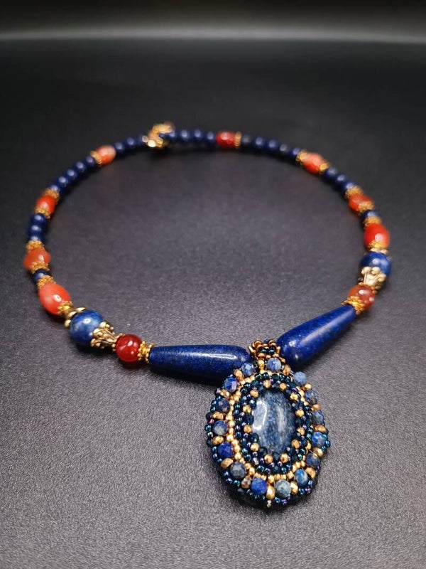 Collier ART- Assorti Choker en Cornaline &  Lapis-Lazuli