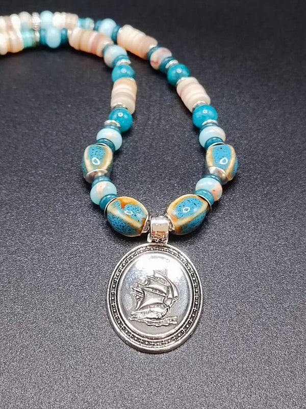 Collier Bohème Homme en Jaspe Ocean, Howlite et Coquillage blanc naturel
