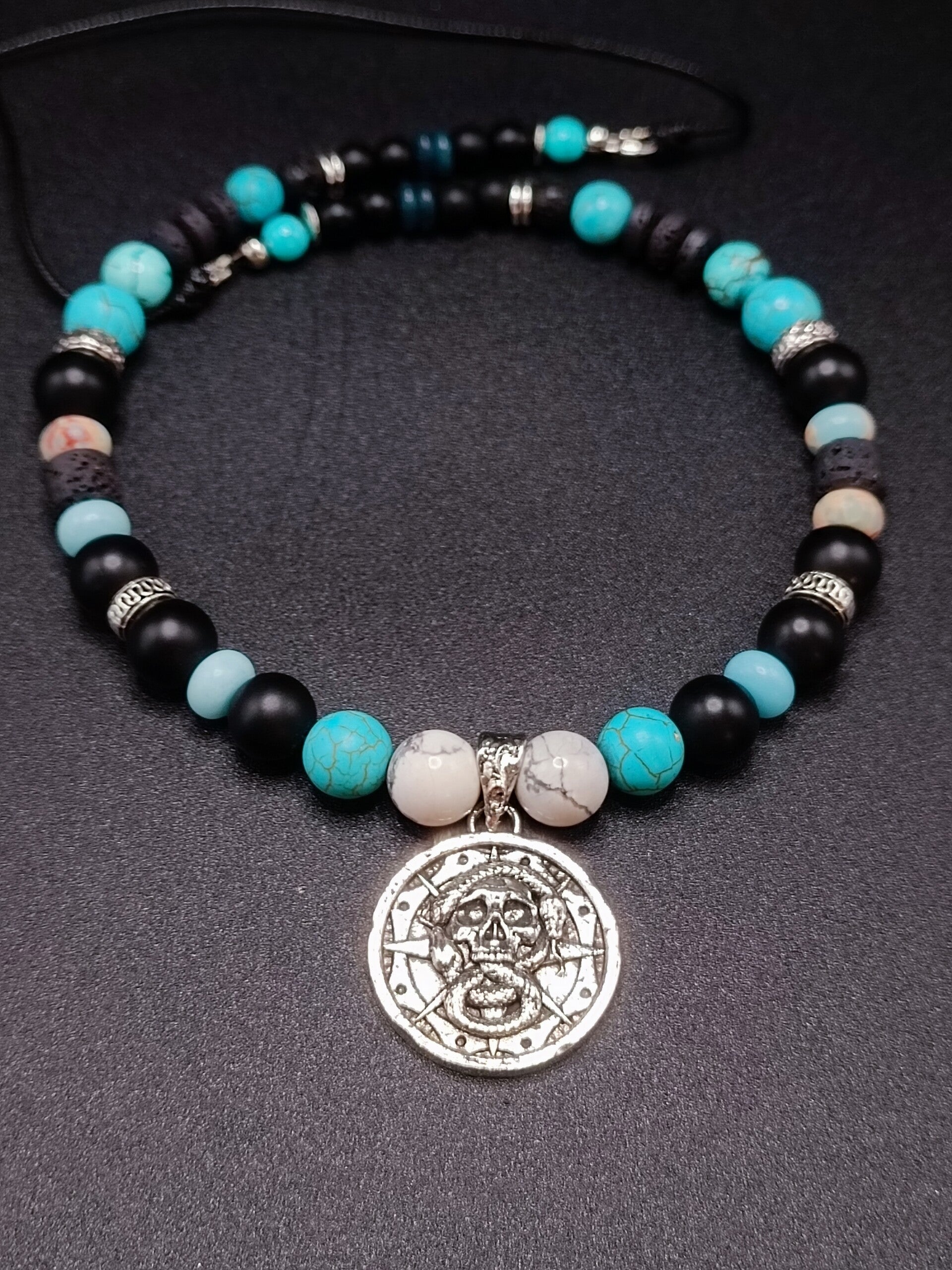 Collier Homme en Lave, Onyx, Turquoise, Jaspe Ocean, Shungite en Acier