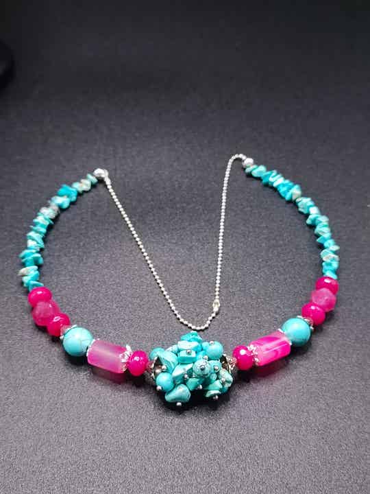 Ras de cou "Fedora" en perles de Turquoise & Agate Rose