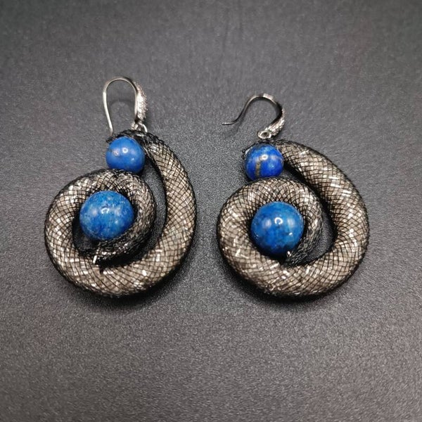 Boucles d'oreilles Crochets en Tubes en Nylon & Lapis Lazuli