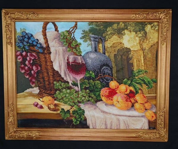 Tableau brodé en perles "Verre de vin & fruits"