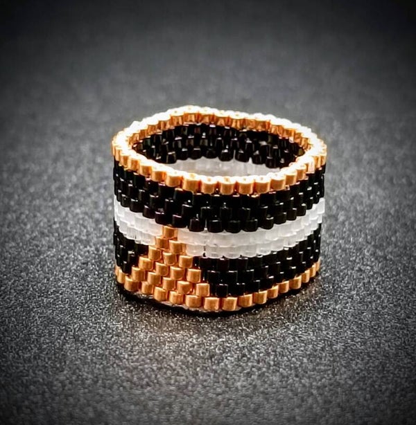Bague Miyuki tissage peyote large Noir, Dore, Blanc