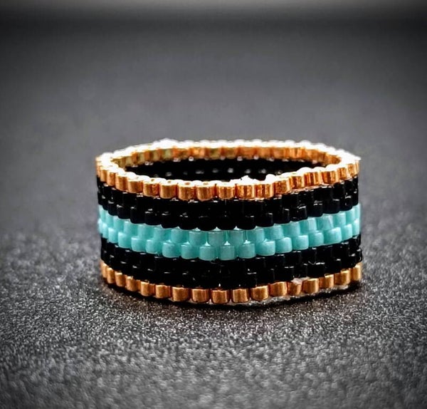 Bague Miyuki tissage peyote Large Doré & Noir & Bleu
