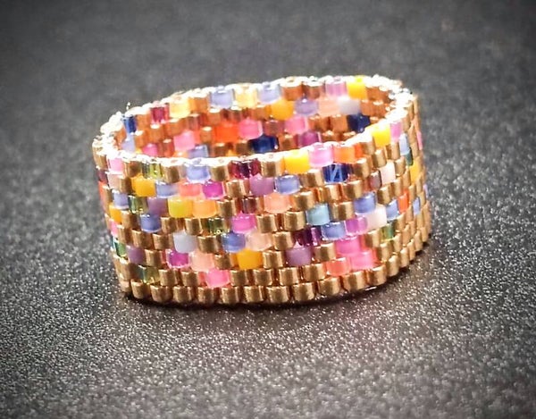 Bague Miyuki tissage peyote Large Doré & Multicouleur
