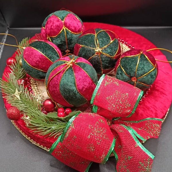 Coffret de cadeaux de Noel Boules Kimekomi en velours Rouge & Vert