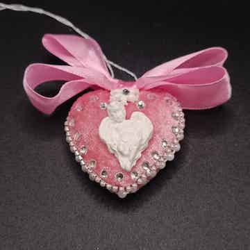 Boule - Coeur de Noel Artisanale en velours Rose & Blanc décorées de moulures d'art