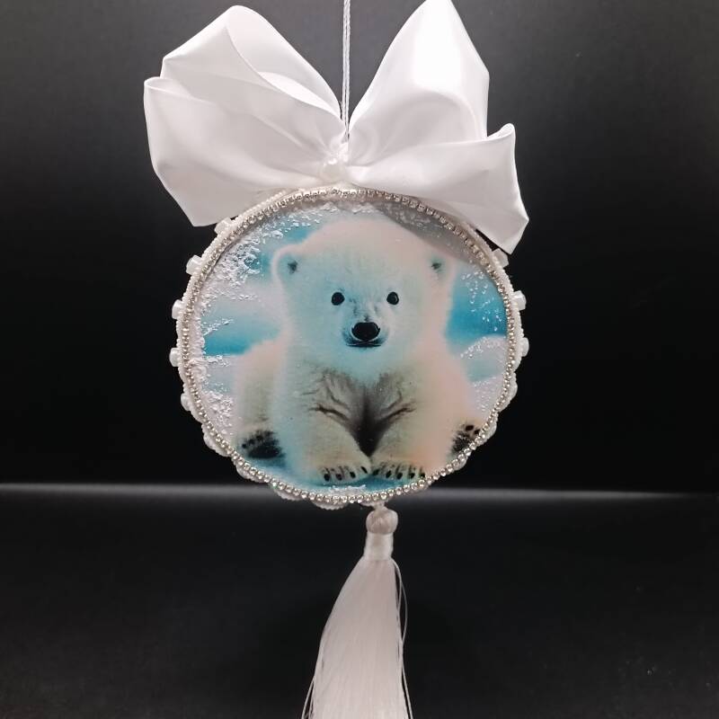 Boule de Noel Hémisphère Artisanale en velours Blanc décorée en découpage