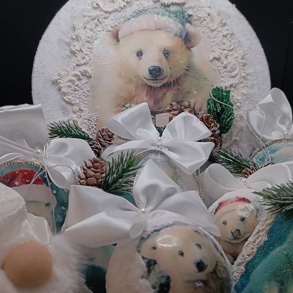 Coffret de ornements de Noel Ours Blanc décoration Artisanale