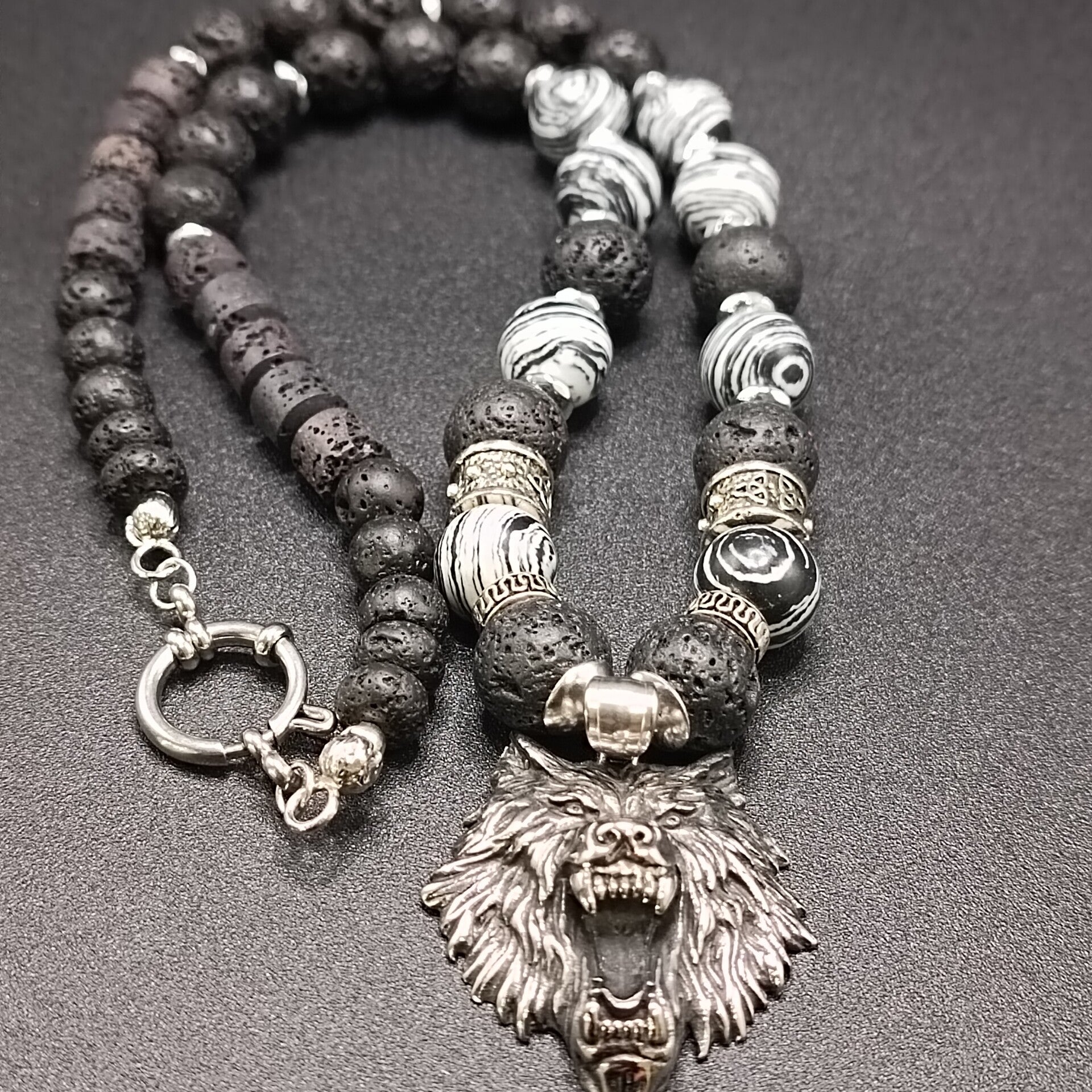 Collier Bohème Homme en Jaspe Zèbre & Lave Pendentif - Loup en Acier Cadeaux pour Homme