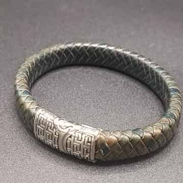 Bracelet Tressé Cuir Gris & Vert Homme