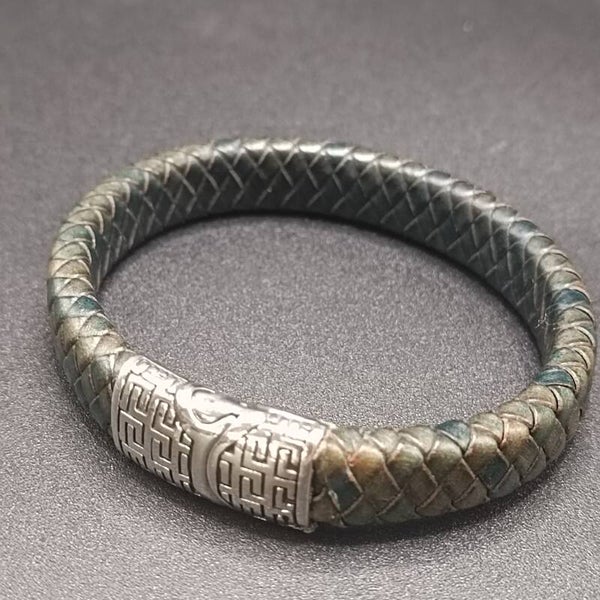 Bracelet Tressé Cuir Gris & Vert Homme
