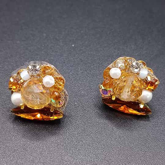 Boucles d'oreilles Clous Freeform en Cristaux Cognac, Citrine et Perles Roccailles Toho