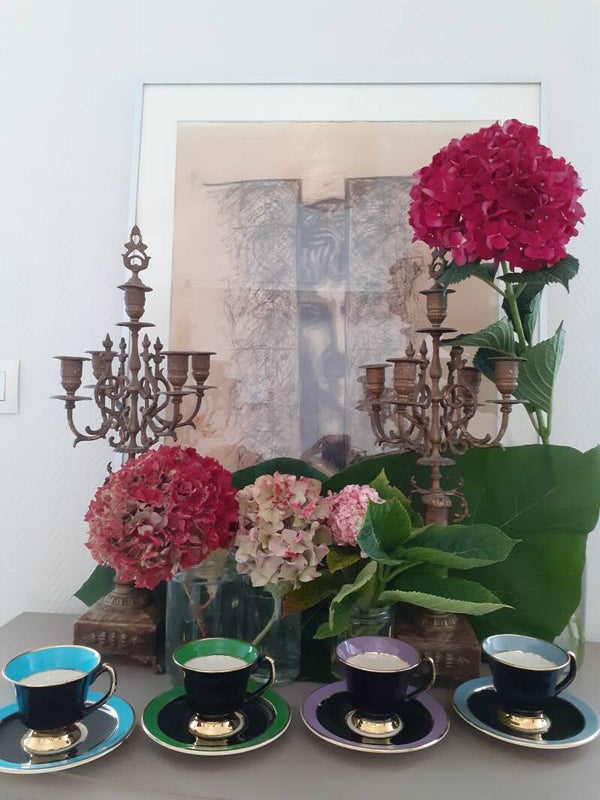 Ensemble de 4 jolies Tasses et soucoupes en Porcelaine de limoges coloris chaleureux