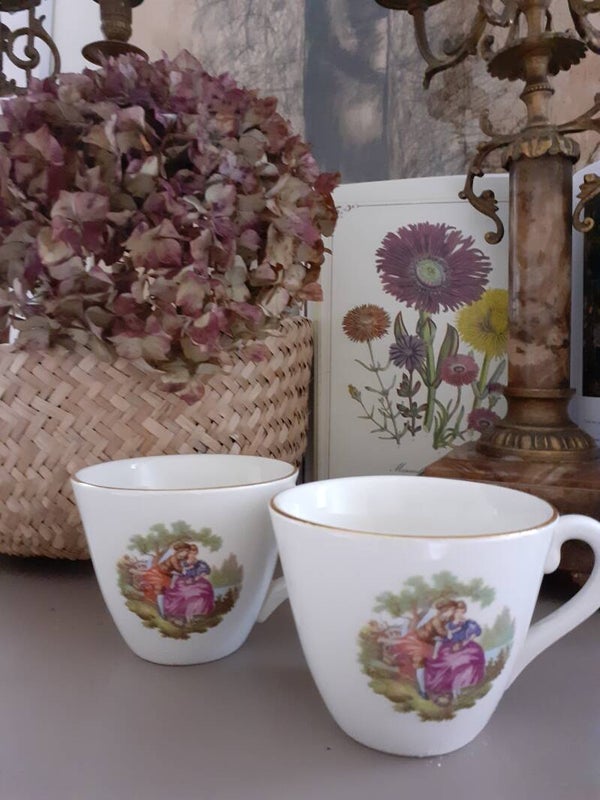 Jolie tasse sans soucoupe en faience, motif Fragonard, vintage, ( Le Bouquet)