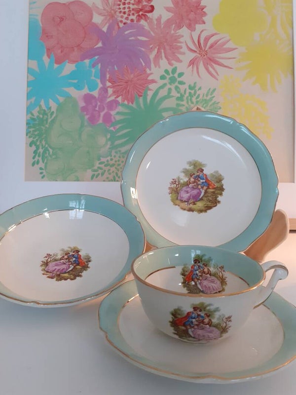 Tasse à thé et soucoupe " La Déclaration"  Fragonard, vintage, Manufacture de Saint-Amand