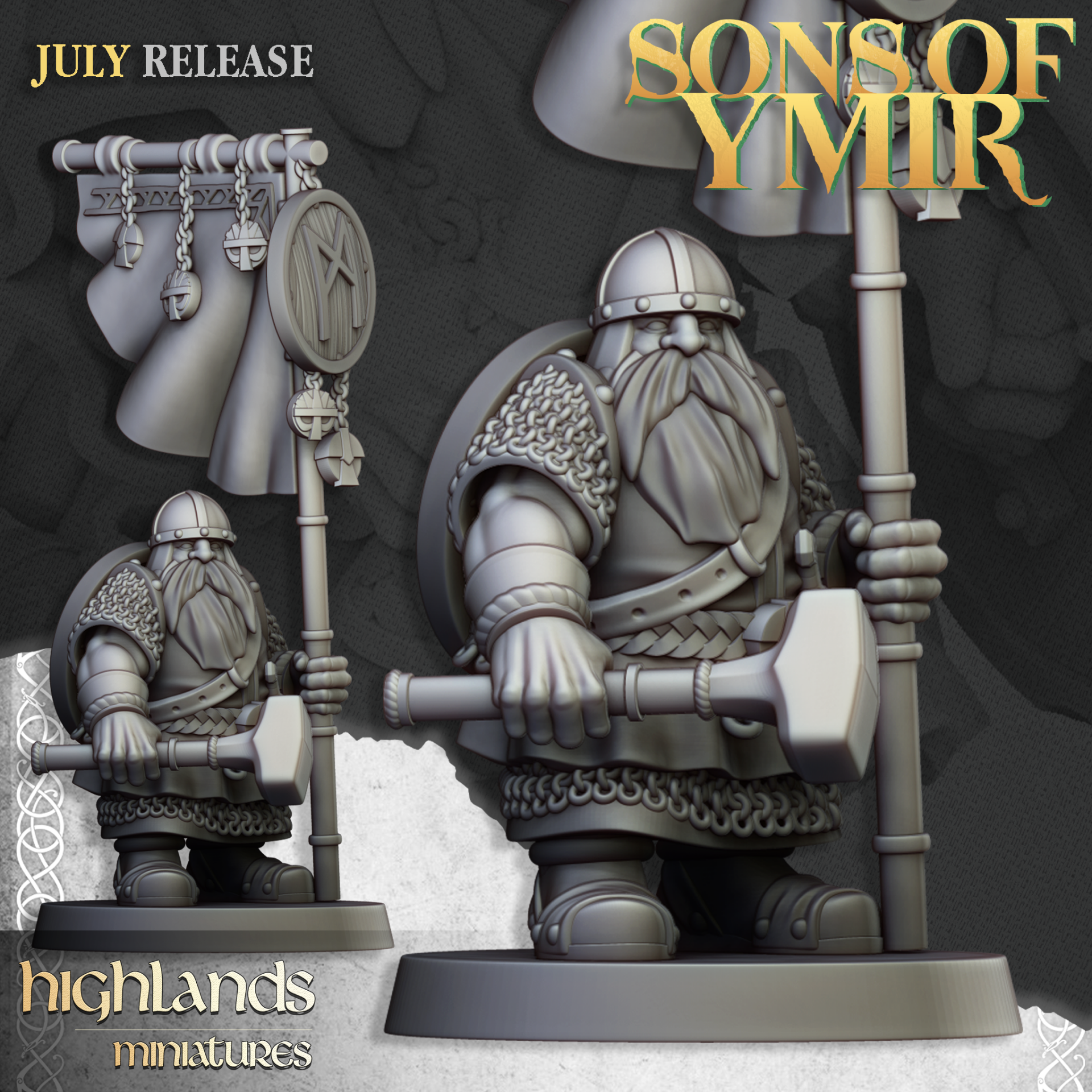 Dwarf Warriors - 3x Command - By Highlands Miniatures