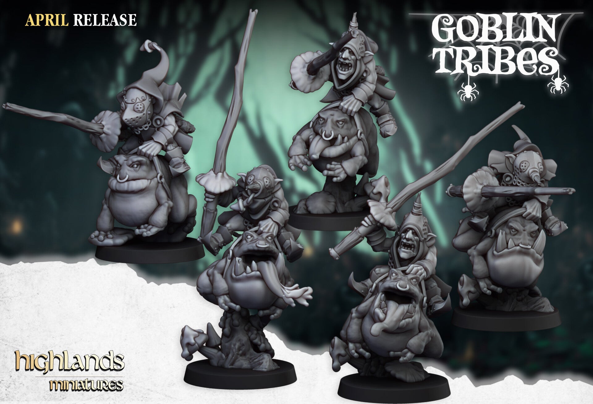Goblin Tribes - 5x Frog Rider with Sticks - By Highlands Miniatures