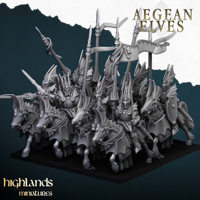 Aegean Elves - 10x Mounted Dragons with Command - By Highlands Miniatures