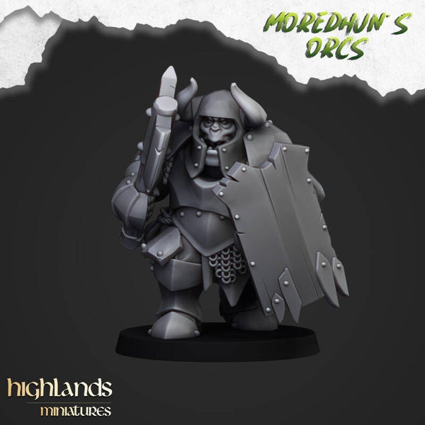 Moredhun's Orcs - Armoured Orc Handweapon & Shield 4x- By Highlands Miniatures