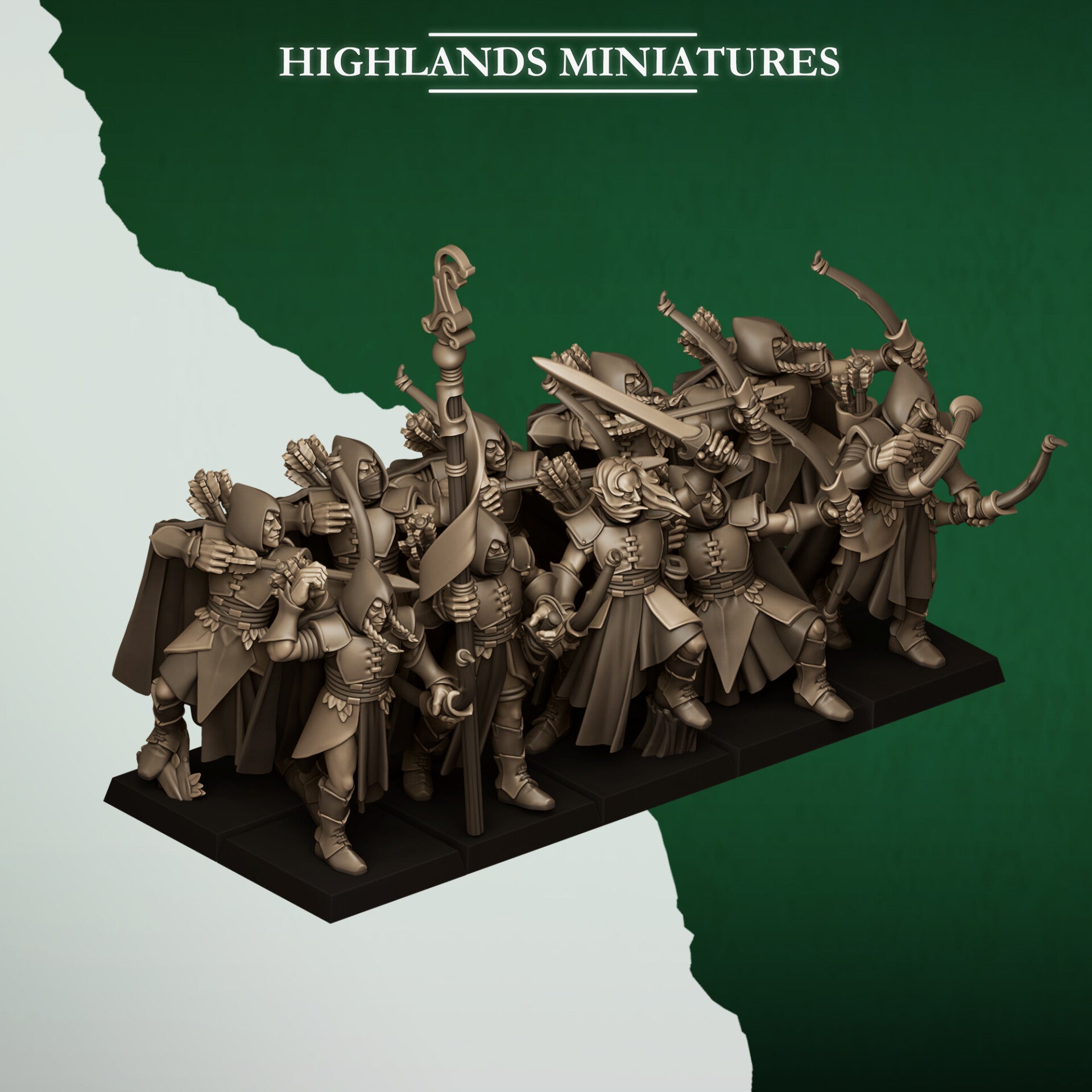 Feral Elves - 20x Feral Archers with command group- By Highlands Miniatures